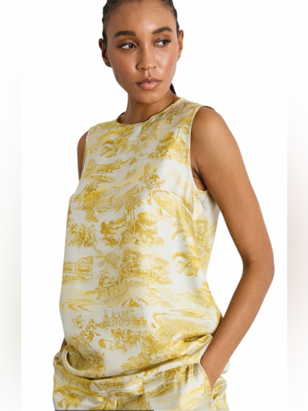 Max Mara Studio Eresia Silk Top Sz 10 Sleeveless Yellow Printed Blouse NWT
